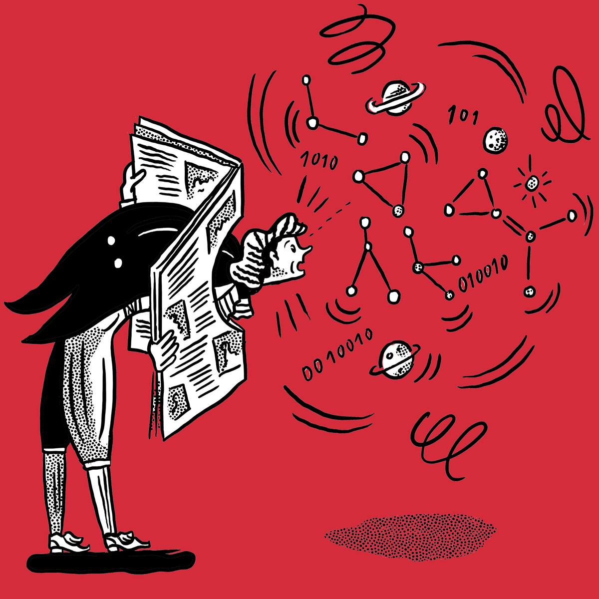 Animierte Illustration einer altertümlich gekleideten Person, die ihren Kopf durch ein Loch in der Zeitung streckt, hinter der sich Sterne, Planeten, Modelle chemischer Verbindungen und Zahlen hin und her bewegen.