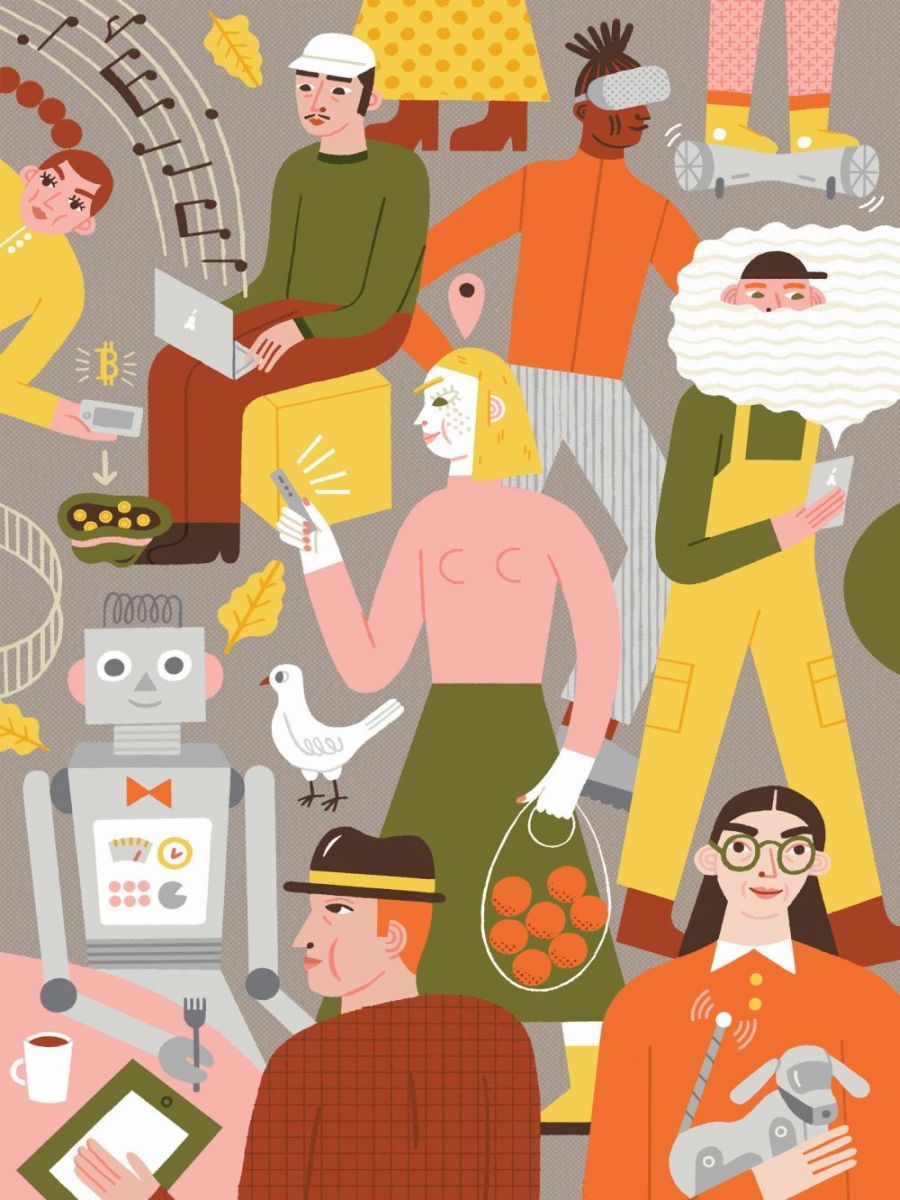 Bunte Illustration von Menschen und einem Roboter, die Einkaufen, Musik hören, essen, per Smartphone mit Bitcoins handeln und vieles mehr.
