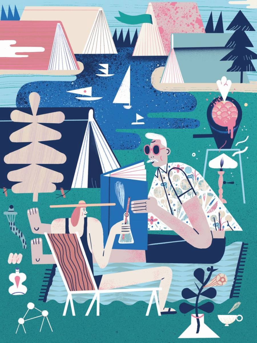 Bunte Illustration von zwei Personen in Liegestühlen mit Drinks und vielen Büchern an einem See.