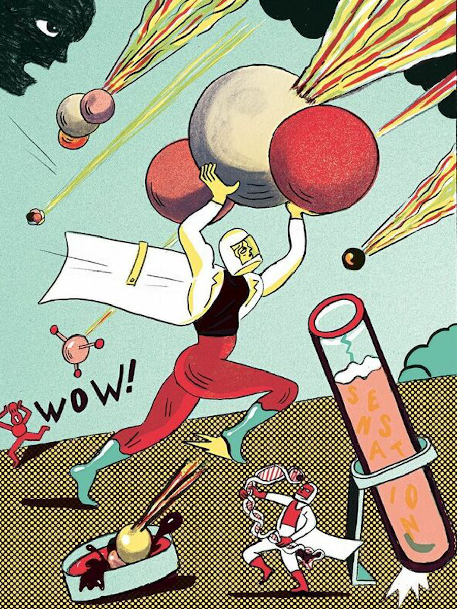 Illustration eines Superhelden der rennend explodierende Kugeln stemmt, einem weiteren Superhelden mit einem riesigen DNA-Strang, eines großen Reagenzglases und weiteren explosiven Elementen.