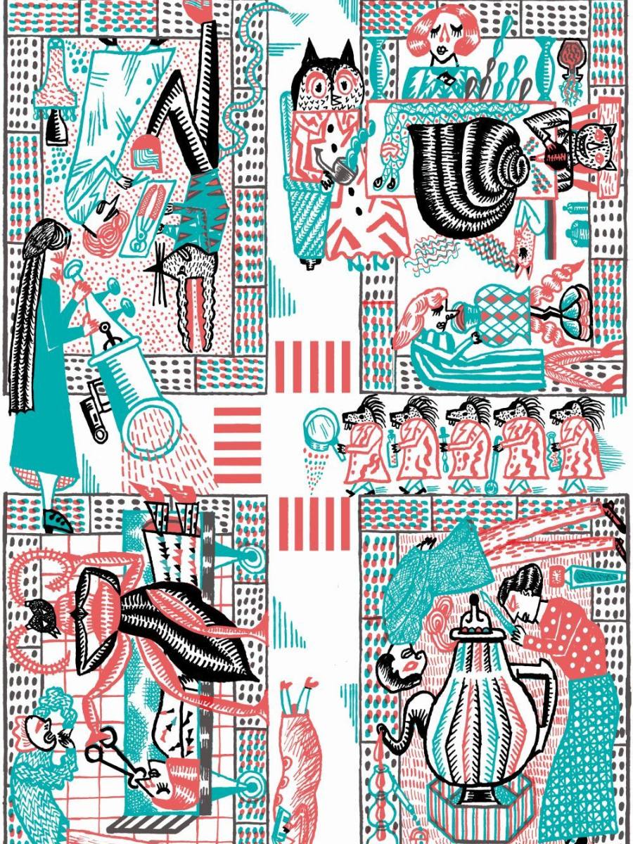 Bunte Illustration von einer Straßenkreuzung und Menschen, die unterschiedliche Tätigkeiten verrichte. Außerdem eine Gruppe Igel, eine Eule und eine Schnecke.