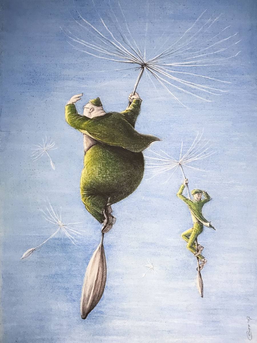 Illustration einer dicken und einer dünnen Person, die mit Pusteblumensamen davon fliegen.