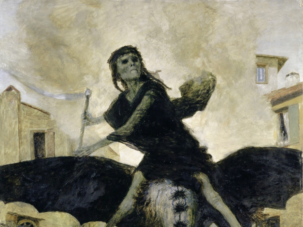 Gemälde mit dem Titel "Die Pest", das eine schwarze, bleiche, wütende Gestalt mit Sense zeigt.