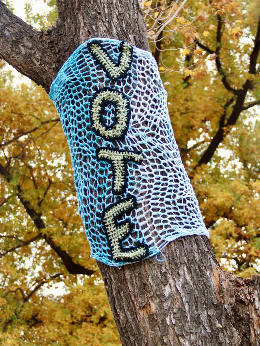 Strickschal an einem Baum mit Aufschrift "Vote"